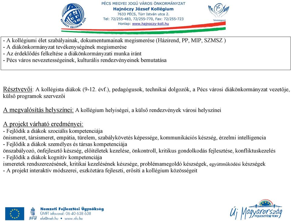 ), pedagógusok, technikai dolgozók, a Pécs városi diákönkormányzat vezetője, külső programok szervezői A megvalósítás helyszínei: A kollégium helyiségei, a külső rendezvények városi helyszínei A