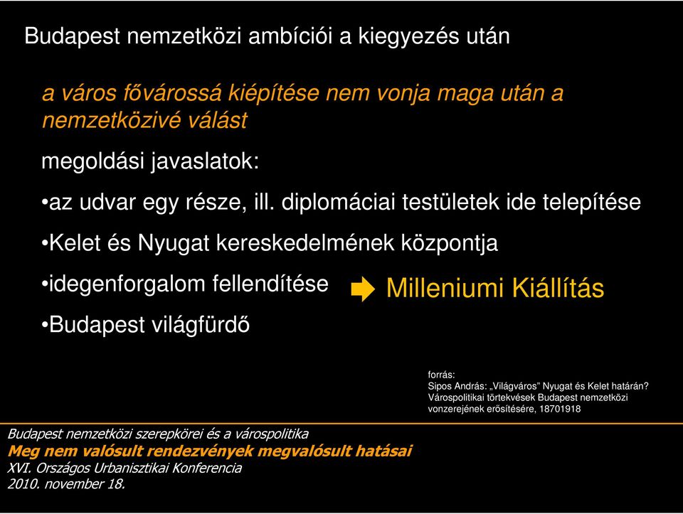 diplomáciai testületek ide telepítése Kelet és Nyugat kereskedelmének központja idegenforgalom fellendítése Budapest