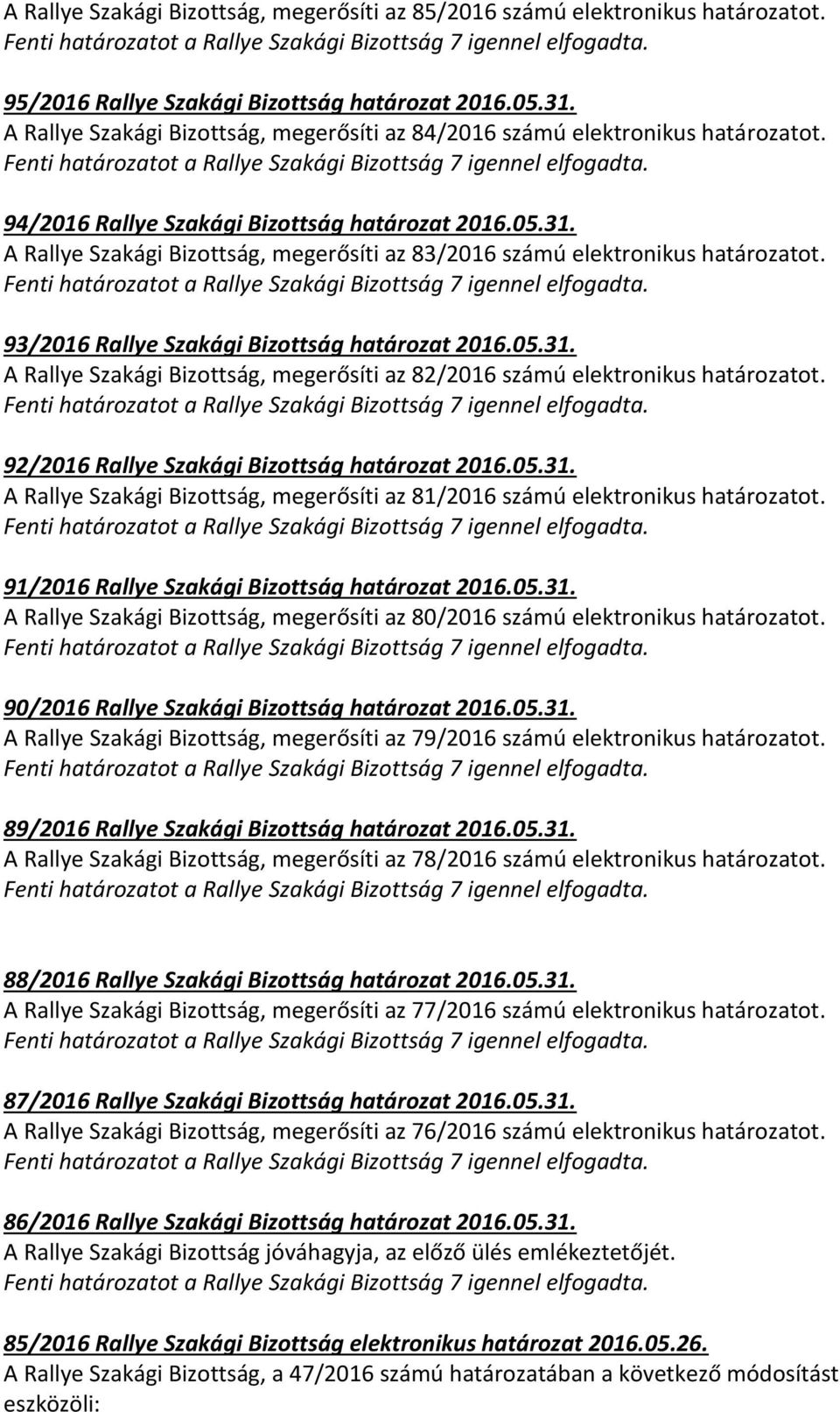 A Rallye Szakági Bizottság, megerősíti az 83/2016 számú elektronikus határozatot. 93/2016 Rallye Szakági Bizottság határozat 2016.05.31.