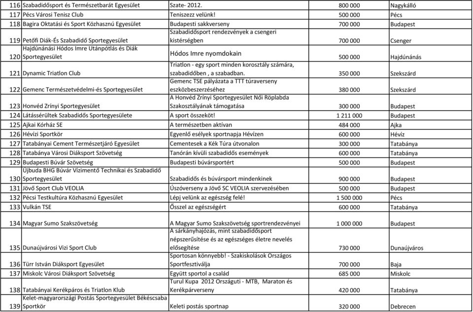 Sportegyesület Szabadidősport rendezvények a csengeri kistérségben 700 000 Csenger Hódos Imre nyomdokain 500 000 Hajdúnánás 121 Dynamic Triatlon Club Triatlon - egy sport minden korosztály számára,