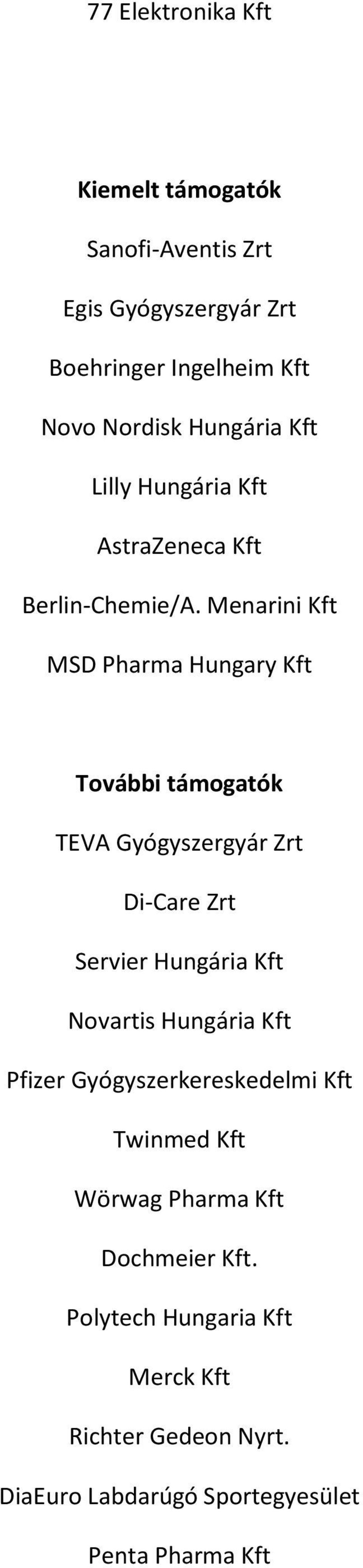 Menarini Kft MSD Pharma Hungary Kft További támogatók TEVA Gyógyszergyár Zrt Di-Care Zrt Servier Hungária Kft Novartis