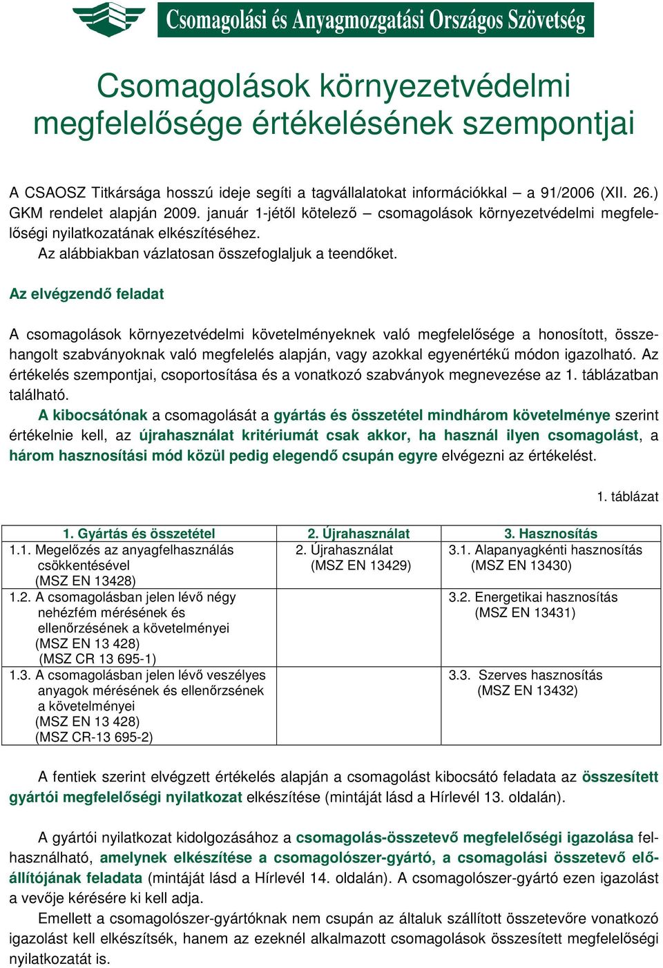 Az elvégzendı feladat A csomagolások környezetvédelmi követelményeknek való megfelelısége a honosított, összehangolt szabványoknak való megfelelés alapján, vagy azokkal egyenértékő módon igazolható.