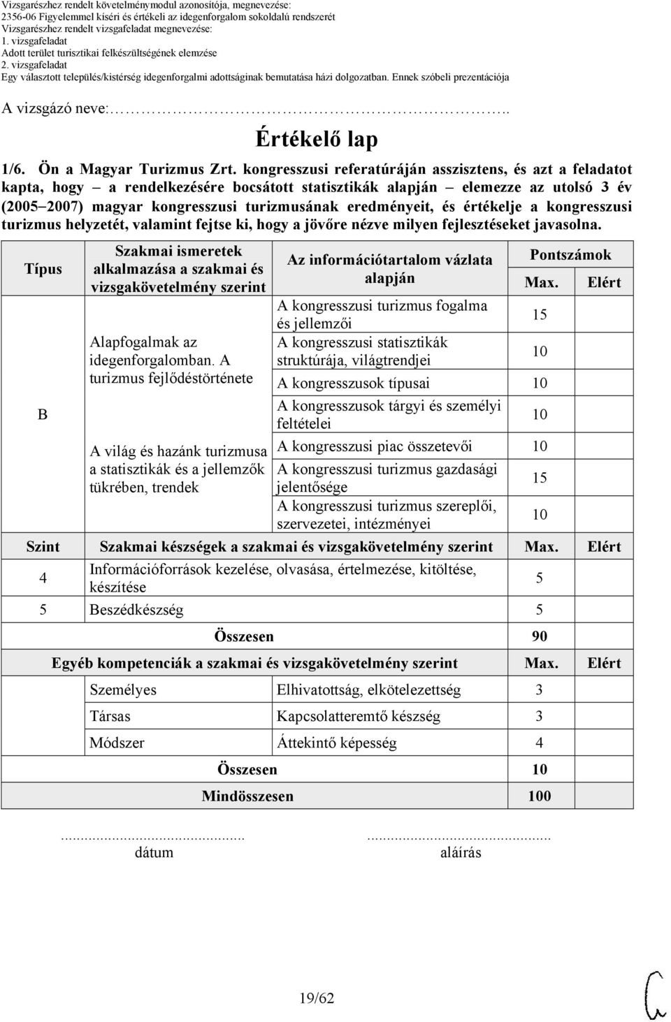 értékelje a kongresszusi turizmus helyzetét, valamint fejtse ki, hogy a jövőre nézve milyen fejlesztéseket javasolna. Az információtartalom vázlata Pontszámok Max.