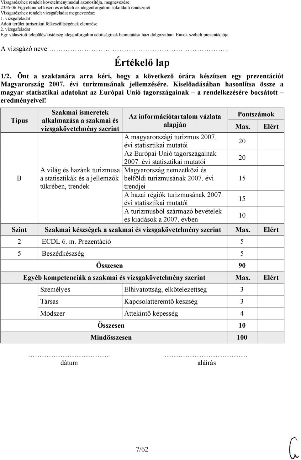 Az információtartalom vázlata Pontszámok Max. Elért A magyarországi turizmus 2007. évi statisztikai mutatói 20 Az Európai Unió tagországainak 2007.