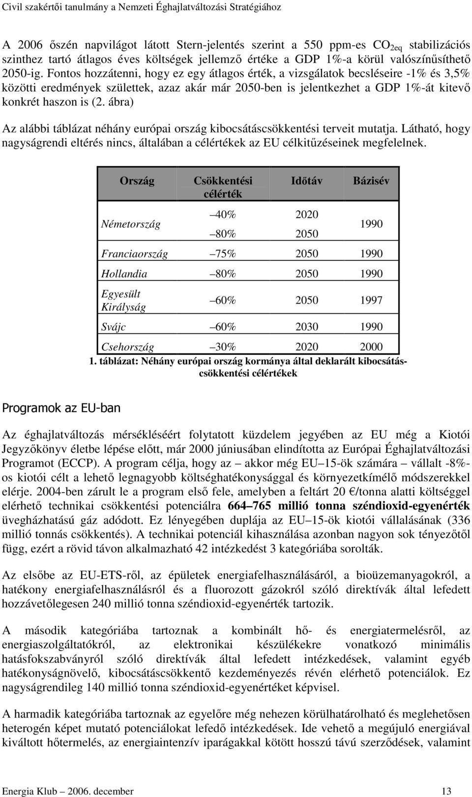 ábra) Az alábbi táblázat néhány európai ország kibocsátáscsökkentési terveit mutatja. Látható, hogy nagyságrendi eltérés nincs, általában a célértékek az EU célkitzéseinek megfelelnek.