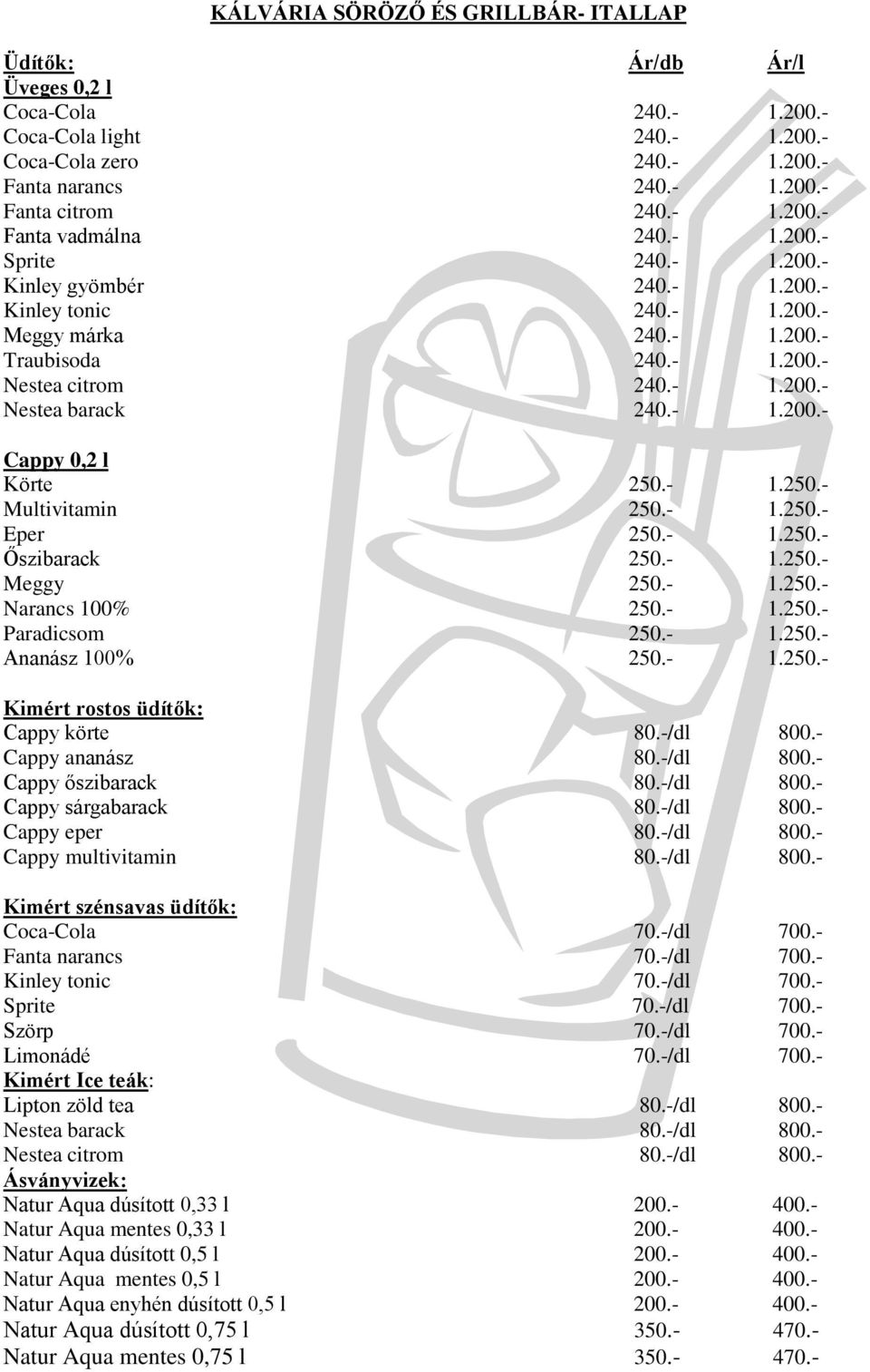 - 1.250.- Multivitamin 250.- 1.250.- Eper 250.- 1.250.- Őszibarack 250.- 1.250.- Meggy 250.- 1.250.- Narancs 100% 250.- 1.250.- Paradicsom 250.- 1.250.- Ananász 100% 250.- 1.250.- Kimért rostos üdítők: Cappy körte 80.