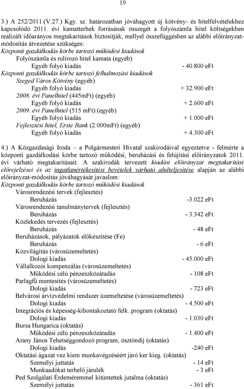 Folyószámla és rulírozó hitel kamata (egyéb) - 40.800 eft Központi gazdálkodás körbe tartozó felhalmozási kiadások Szeged Város Kötvény (egyéb) + 32.900 eft 2008. évi Panelhitel (445mFt) (egyéb) + 2.