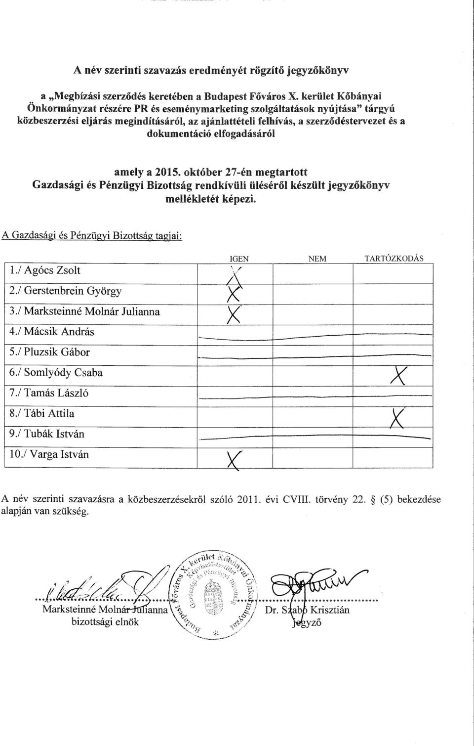 elfogadásáról amely a 2015. október 27-én megtartott Gazdasági és Pénzügyi Bizottság rendkivüli üléséről készült jegyzőkönyv mellékletét képezi. A Gazdasági és Pénzügyi Bizottság tagjai: 1.