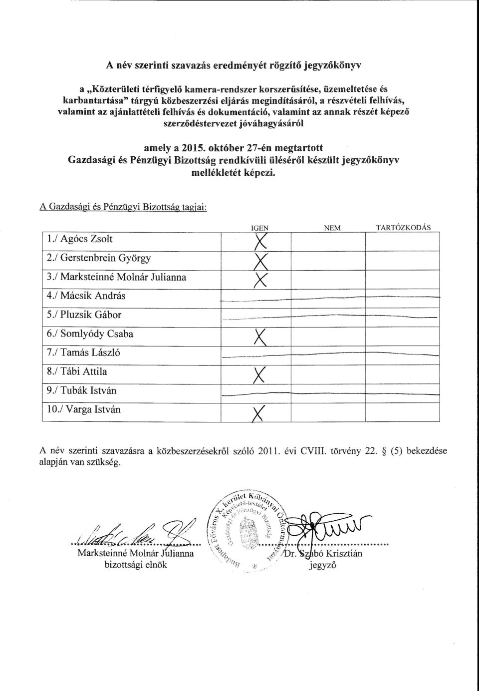 október 27-én megtartott Gazdasági és Pénzügyi Bizottság rendkivüli üléséről készült jegyzőkönyv mellékletét képezi. A Gazdasági és Pénzügyi Bizottság tagjai: 1./ Agócs Zsolt l! x l!