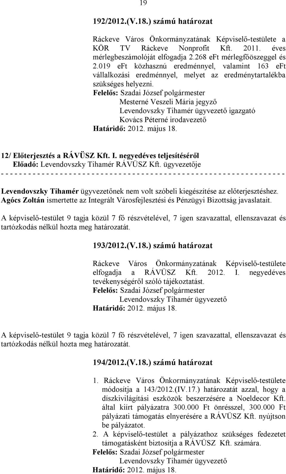 Levendovszky Tihamér ügyvezető igazgató Kovács Péterné irodavezető 12/ Előterjesztés a RÁVÜSZ Kft. I. negyedéves teljesítéséről Előadó: Levendovszky Tihamér RÁVÜSZ Kft.