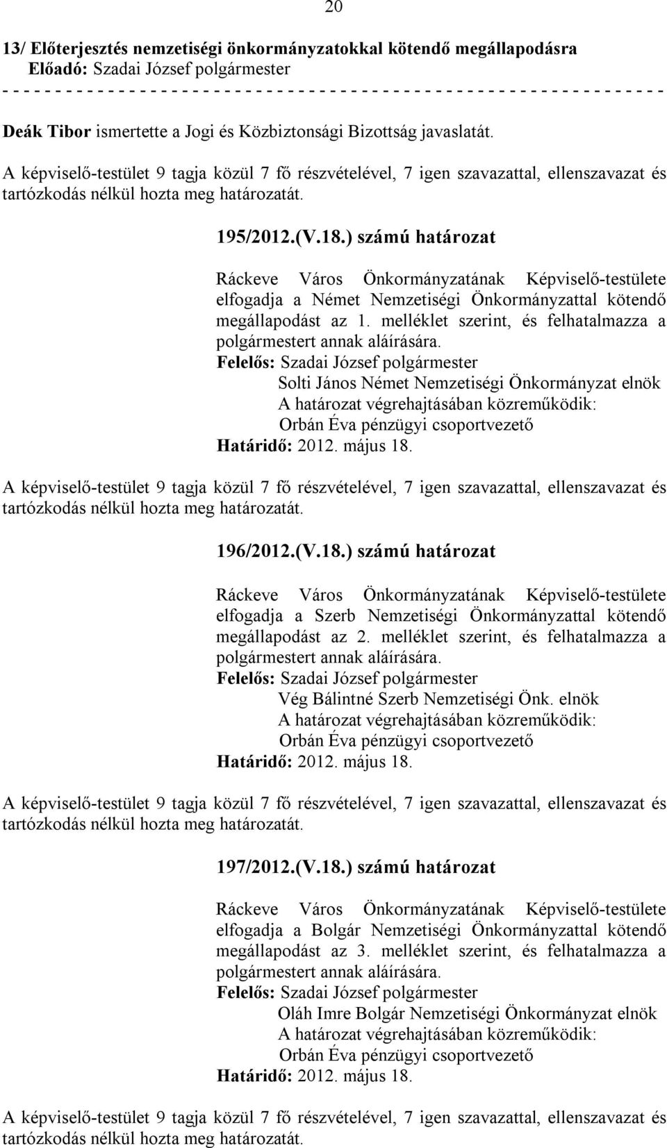 melléklet szerint, és felhatalmazza a polgármestert annak aláírására. Solti János Német Nemzetiségi Önkormányzat elnök Orbán Éva pénzügyi csoportvezető 196/2012.(V.18.