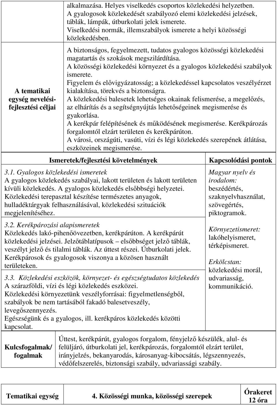 A közösségi közlekedési környezet és a gyalogos közlekedési szabályok ismerete. Figyelem és elővigyázatosság; a közlekedéssel kapcsolatos veszélyérzet kialakítása, törekvés a biztonságra.