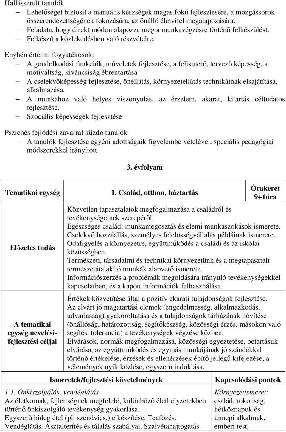 Enyhén értelmi fogyatékosok: A gondolkodási funkciók, műveletek fejlesztése, a felismerő, tervező képesség, a motiváltság, kiváncsiság ébrentartása A cselekvõképesség fejlesztése, önellátás,