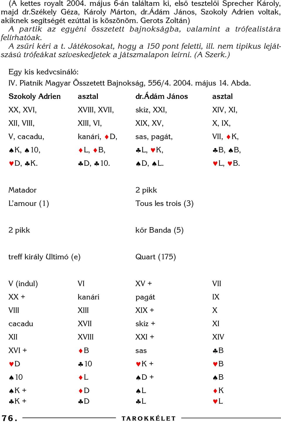 nem tipikus lejátszású trófeákat szíveskedjetek a játszmalapon leírni. (A Szerk.) Egy kis kedvcsináló: IV. Piatnik Magyar Összetett Bajnokság, 556/. 200. május. Abda. Szokoly Adrien asztal dr.