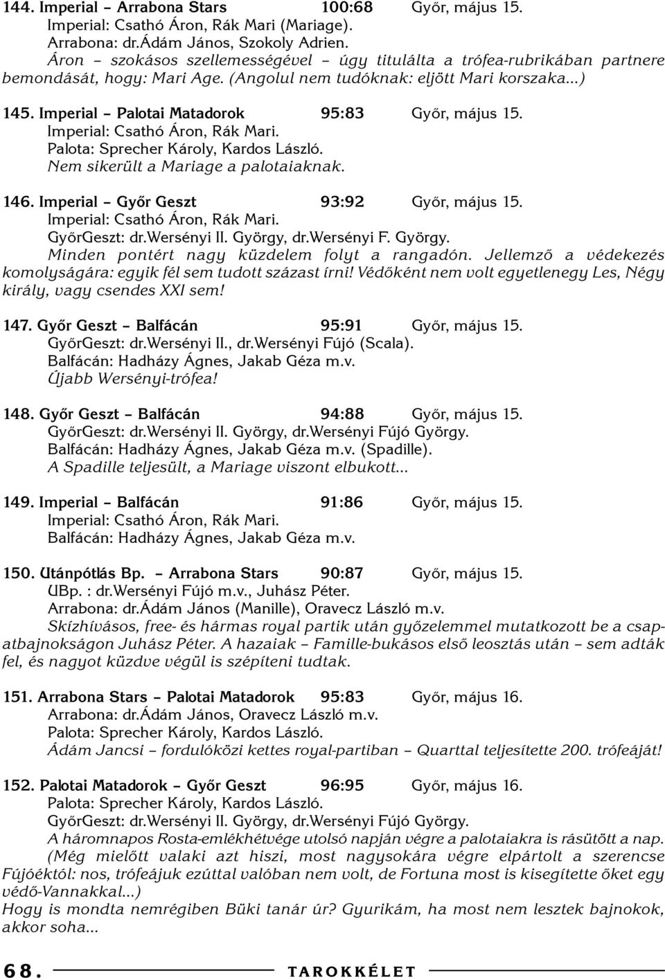 Imperial: Csathó Áron, Rák Mari. Nem sikerült a Mariage a palotaiaknak. 6. Imperial Gyõr Geszt 9:92 Gyõr, május 5. Imperial: Csathó Áron, Rák Mari. GyõrGeszt: dr.wersényi II. György, dr.wersényi F.