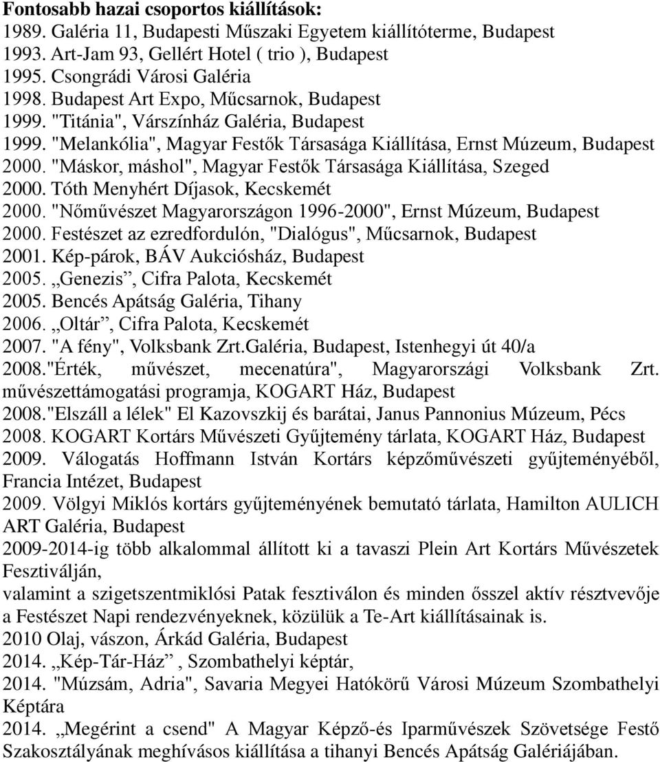 "Máskor, máshol", Magyar Festők Társasága Kiállítása, Szeged 2000. Tóth Menyhért Díjasok, Kecskemét 2000. "Nőművészet Magyarországon 1996-2000", Ernst Múzeum, Budapest 2000.