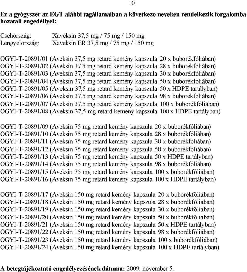 retard kemény kapszula 30 x buborékfóliában) OGYI-T-20891/04 (Aveksin 37,5 mg retard kemény kapszula 50 x buborékfóliában) OGYI-T-20891/05 (Aveksin 37,5 mg retard kemény kapszula 50 x HDPE