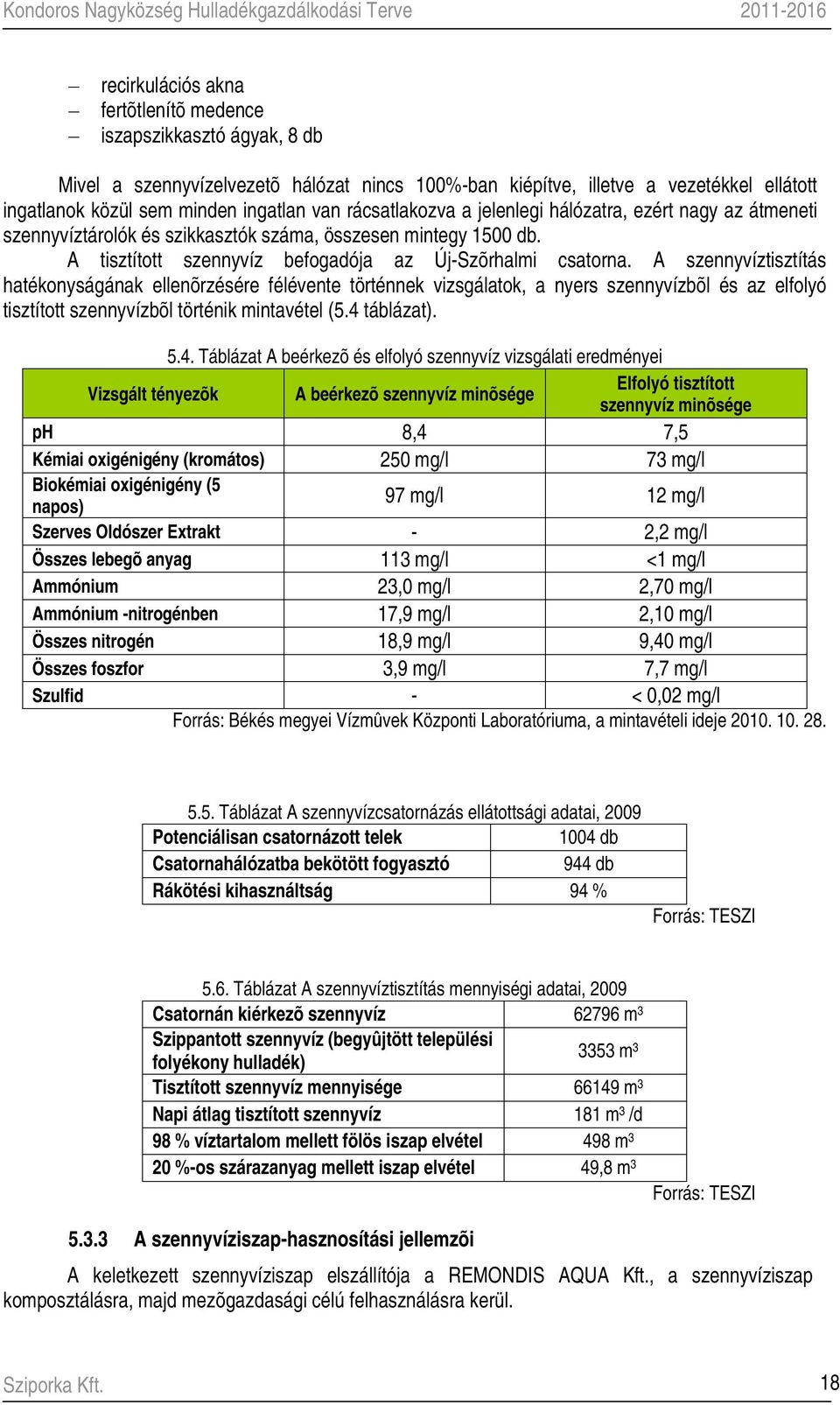 A szennyvíztisztítás hatékonyságának ellenõrzésére félévente történnek vizsgálatok, a nyers szennyvízbõl és az elfolyó tisztított szennyvízbõl történik mintavétel (5.4 
