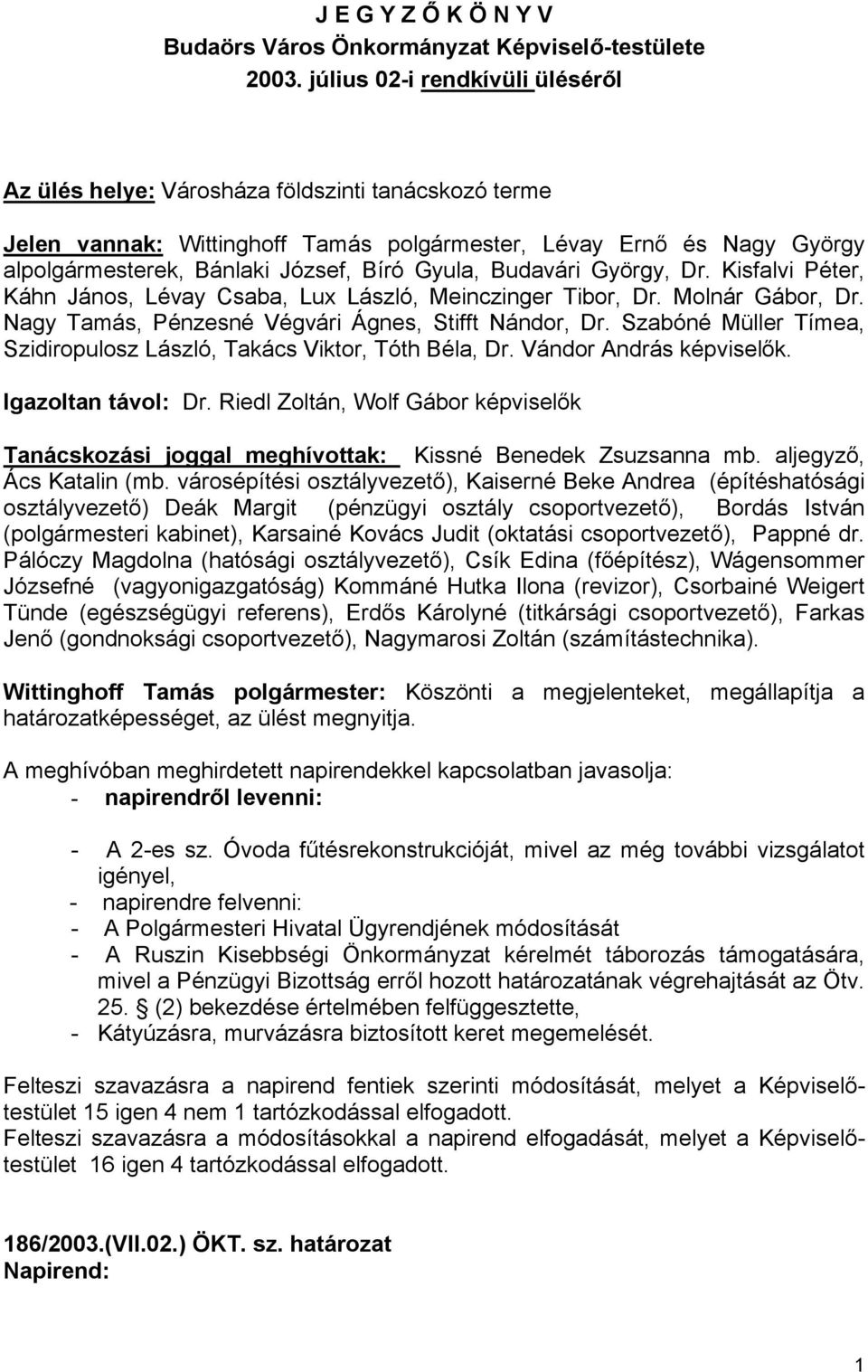 Gyula, Budavári György, Dr. Kisfalvi Péter, Káhn János, Lévay Csaba, Lux László, Meinczinger Tibor, Dr. Molnár Gábor, Dr. Nagy Tamás, Pénzesné Végvári Ágnes, Stifft Nándor, Dr.