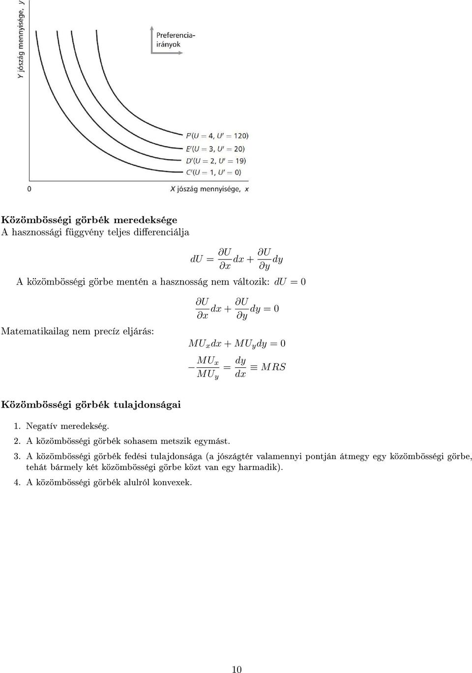 tulajdonságai 1. Negatív meredekség. 2. A közömbösségi görbék sohasem metszik egymást. 3.