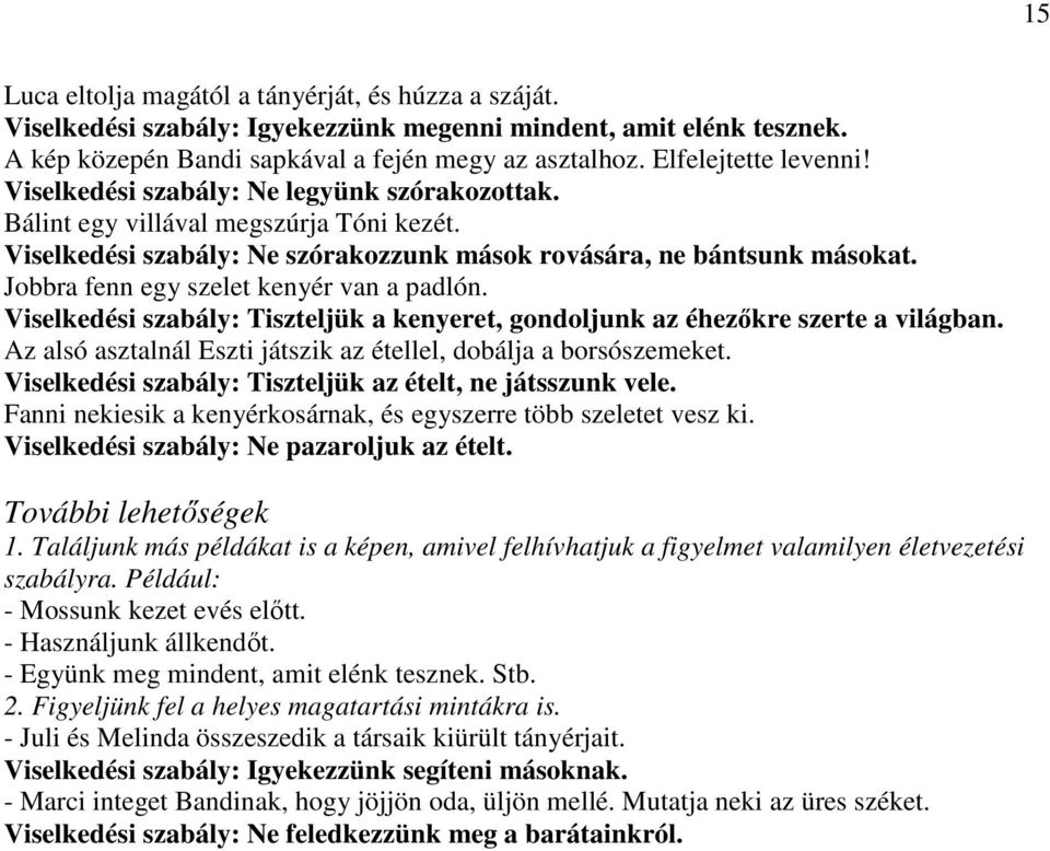 Jobbra fenn egy szelet kenyér van a padlón. Viselkedési szabály: Tiszteljük a kenyeret, gondoljunk az éhezıkre szerte a világban. Az alsó asztalnál Eszti játszik az étellel, dobálja a borsószemeket.