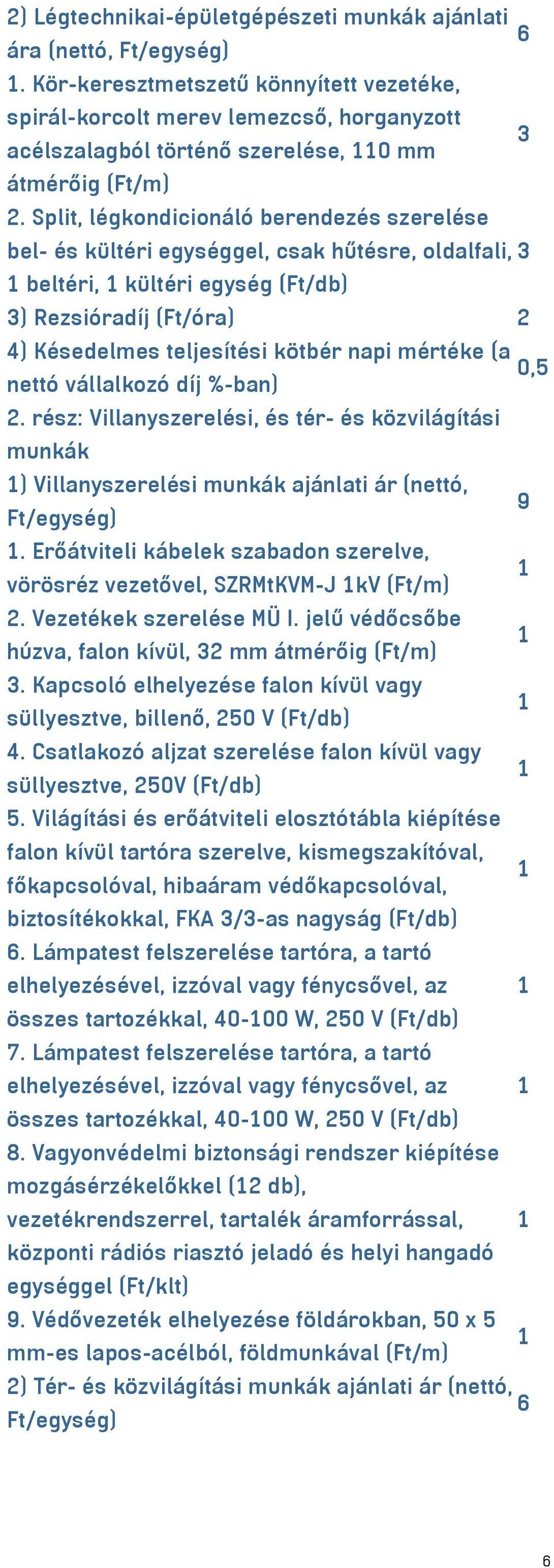 Split, légkondicionáló berendezés szerelése bel- és kültéri egységgel, csak hűtésre, oldalfali, 3 beltéri, kültéri egység (Ft/db) 3) Rezsióradíj (Ft/óra) 2 4) Késedelmes teljesítési kötbér napi