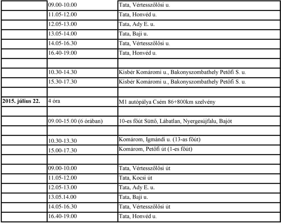 4 óra M1 autópálya Csém 86+800km szelvény 09.00-15.00 (6 órában) 10-es főút Süttő, Lábatlan, Nyergesújfalu, Bajót 10.30-13.30 Komárom, Igmándi u. (13-as főút) 15.00-17.