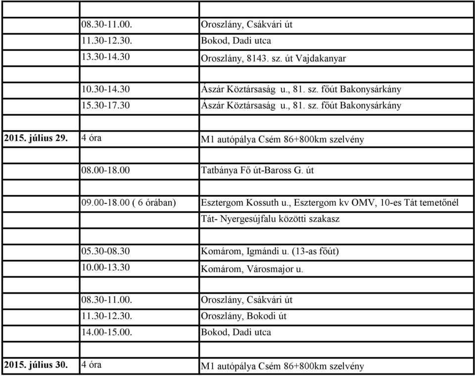 00-18.00 ( 6 órában) Esztergom Kossuth u., Esztergom kv OMV, 10-es Tát temetőnél Tát- Nyergesújfalu közötti szakasz 05.30-08.30 Komárom, Igmándi u.