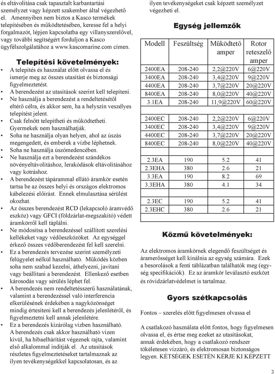 ügyfélszolgálatához a www.kascomarine.com címen. Telepítési követelmények: A telepítés és használat előtt olvassa el és ismerje meg az összes utasítást és biztonsági figyelmeztetést.