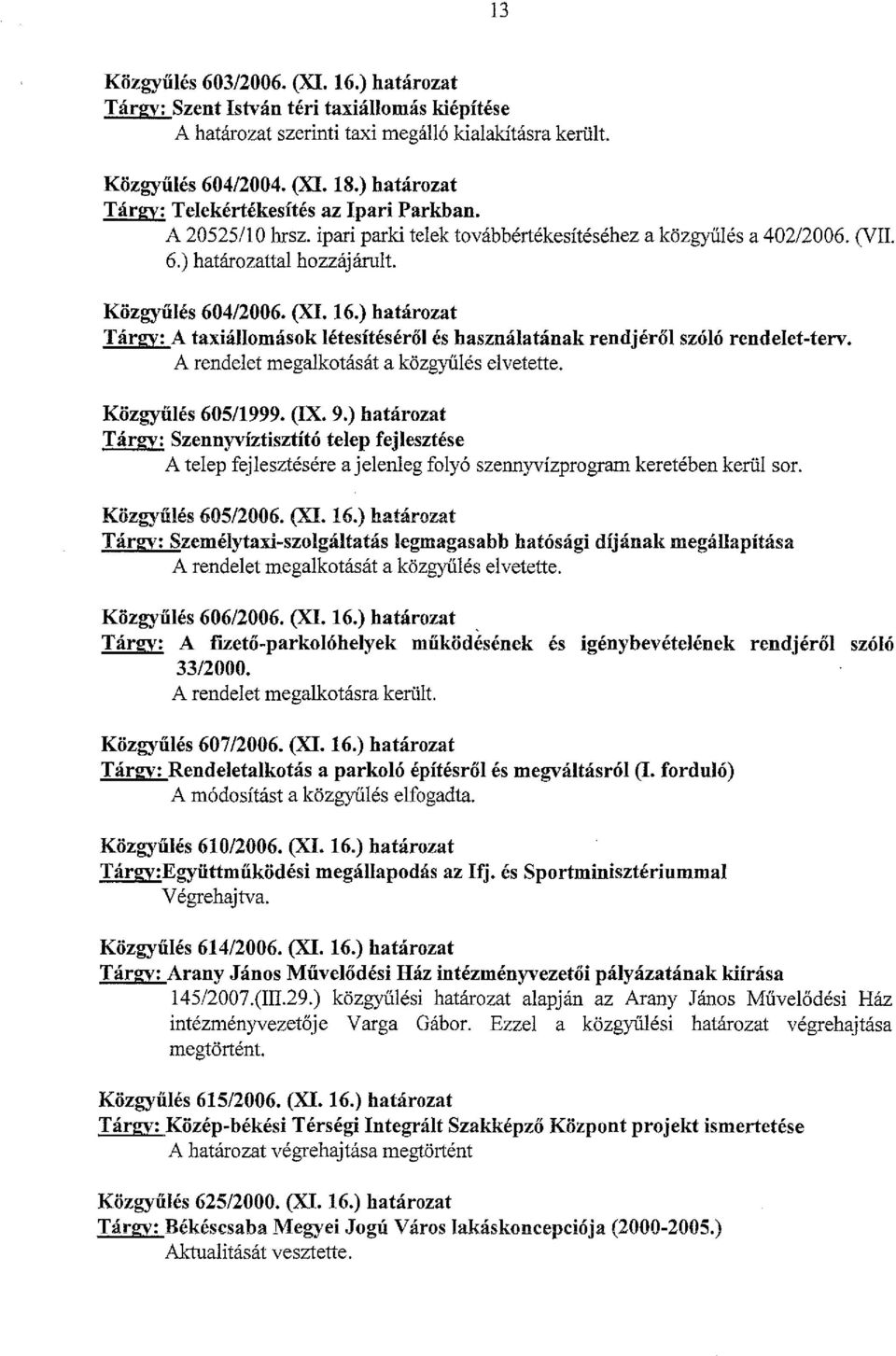 ) határozat Tárgy; A taxiállomások létesítéséről és használatának rendjérőlszóló rendelet-terv. A rendelet megalkotását a közgyűlés elvetette. Közgyűlés 605/1999. (IX. 9.