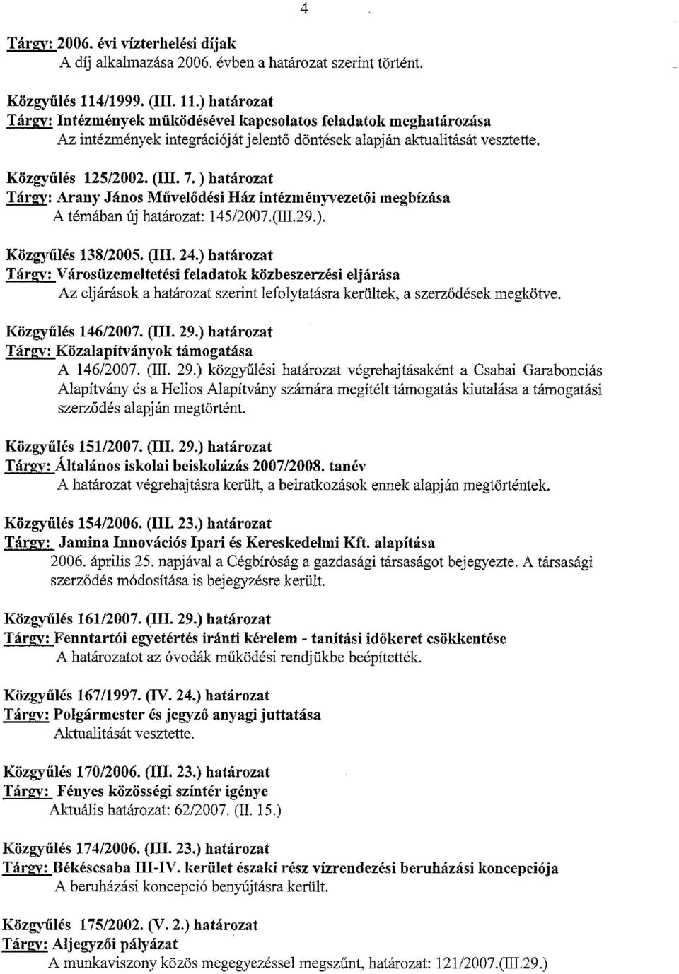 ) határozat Tárgy: Arany János Művelődési Ház intézményvezetői megbízása A témában új határozat: 145/2007.(III.29.). 4 Közgyűlés 13812005. (III. 24.