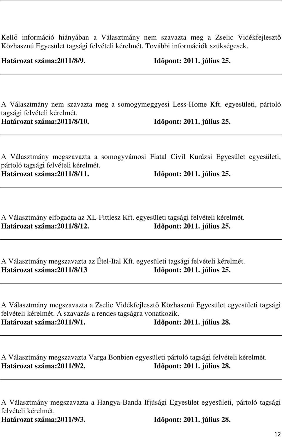 Határozat száma:2011/8/11. Időpont: 2011. július 25. A Választmány elfogadta az XL-Fittlesz Kft. egyesületi tagsági felvételi kérelmét. Határozat száma:2011/8/12. Időpont: 2011. július 25. A Választmány megszavazta az Étel-Ital Kft.