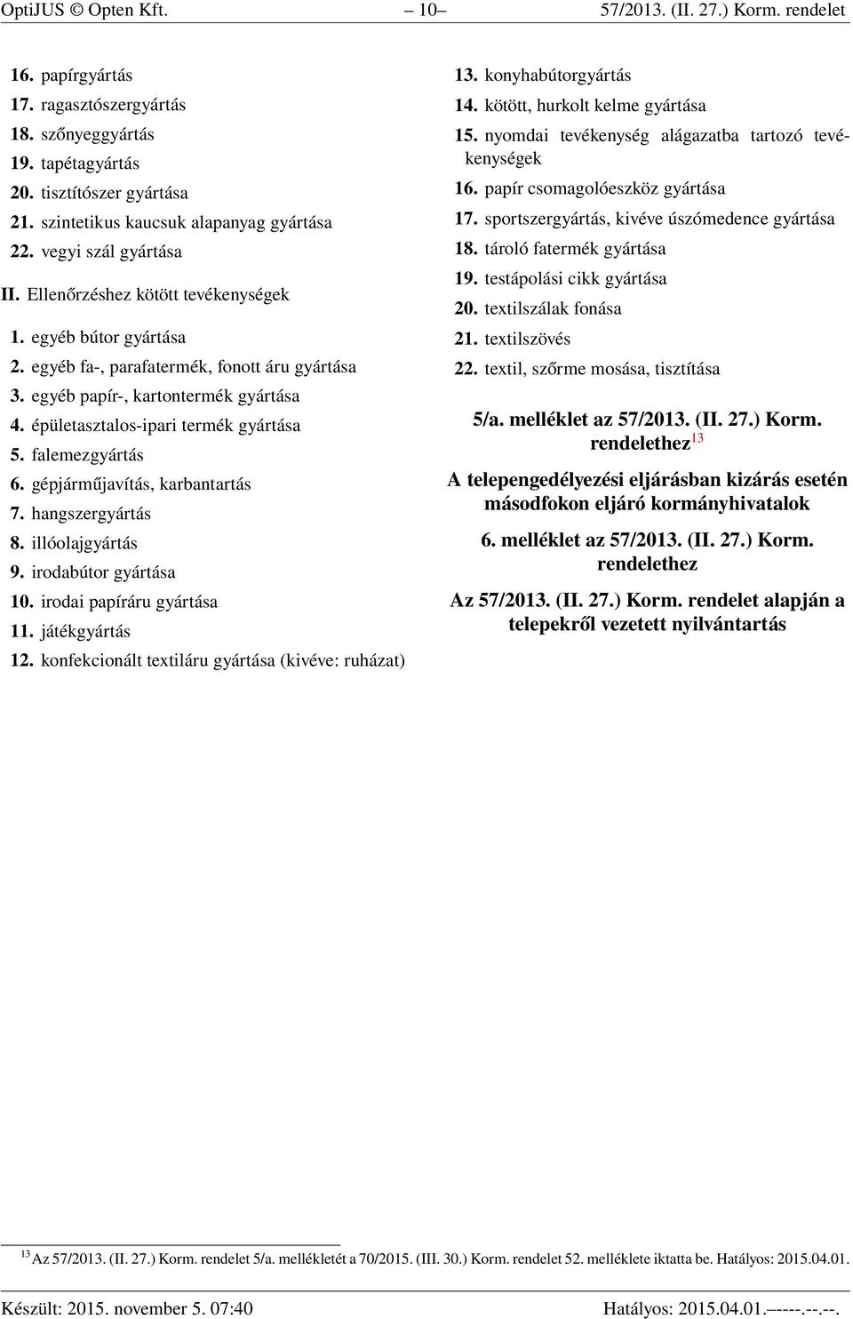 egyéb papír-, kartontermék gyártása 4. épületasztalos-ipari termék gyártása 5. falemezgyártás 6. gépjárműjavítás, karbantartás 7. hangszergyártás 8. illóolajgyártás 9. irodabútor gyártása 10.