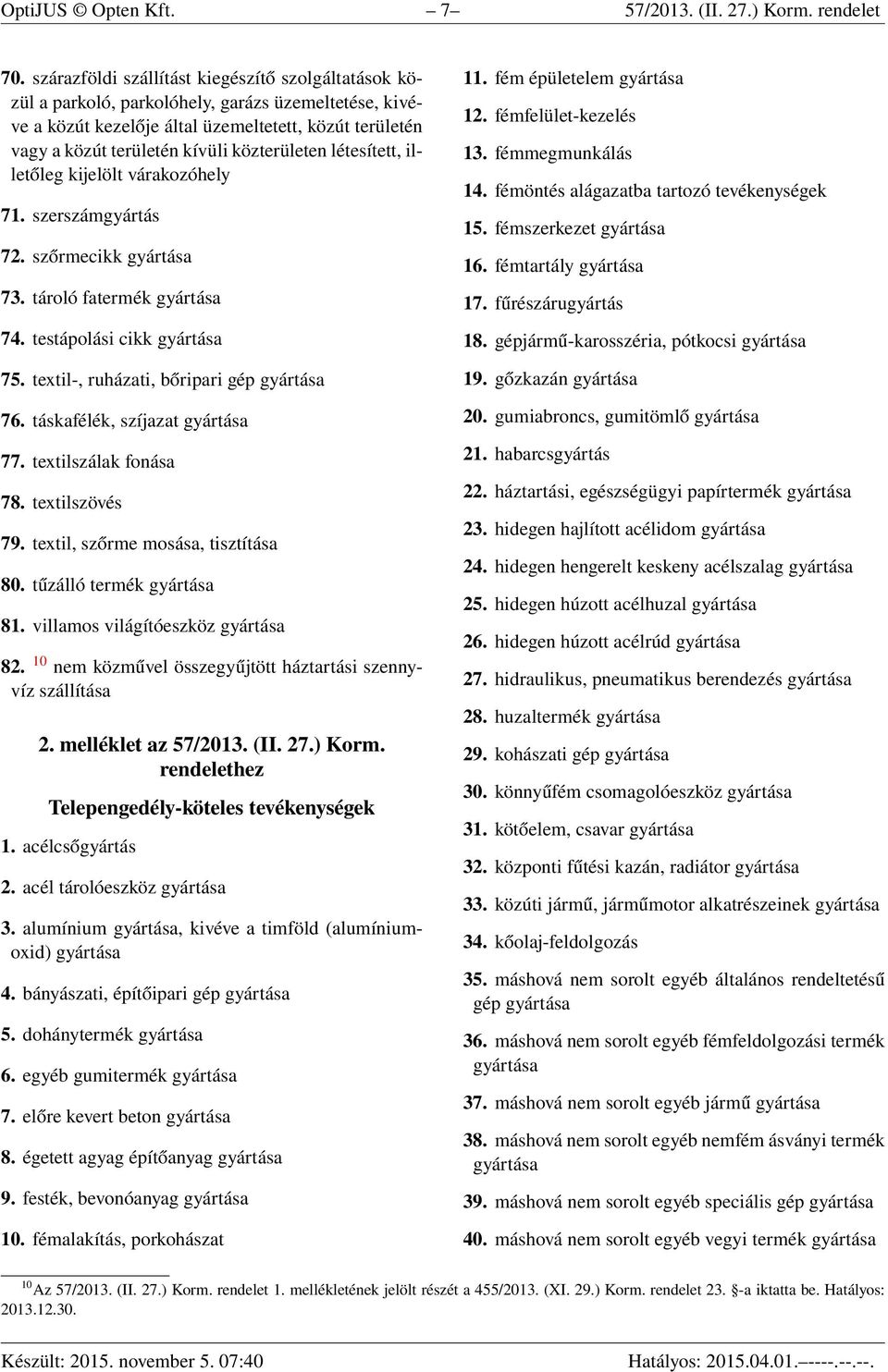 közterületen létesített, illetőleg kijelölt várakozóhely 71. szerszámgyártás 72. szőrmecikk gyártása 73. tároló fatermék gyártása 74. testápolási cikk gyártása 75.