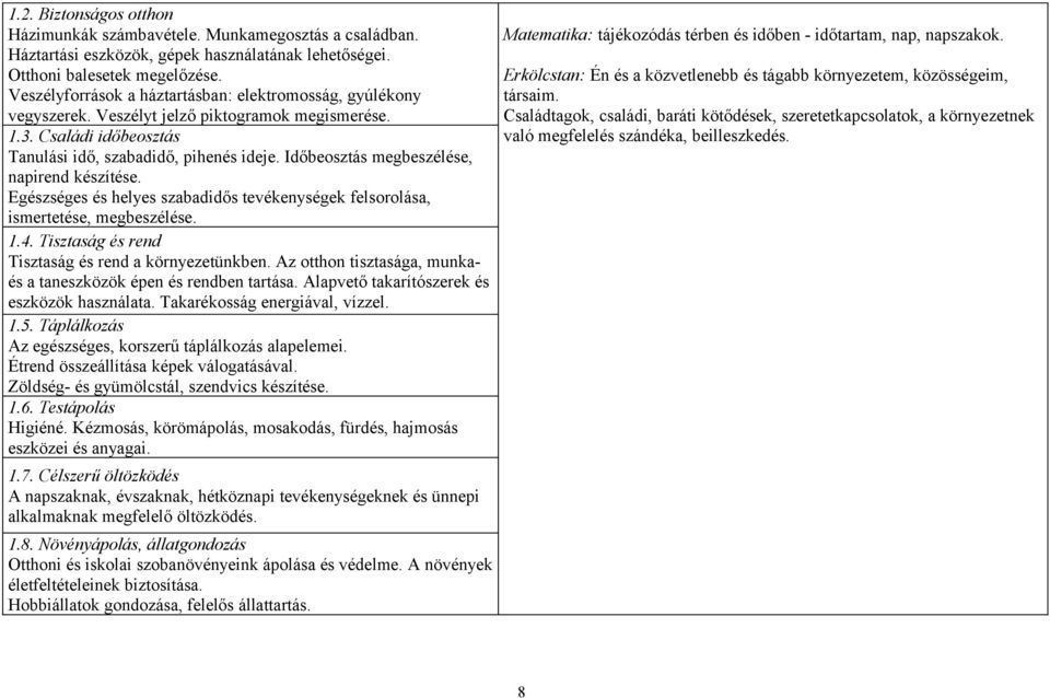 Időbeosztás megbeszélése, napirend készítése. Egészséges és helyes szabadidős tevékenységek felsorolása, ismertetése, megbeszélése. 1.4. Tisztaság és rend Tisztaság és rend a környezetünkben.