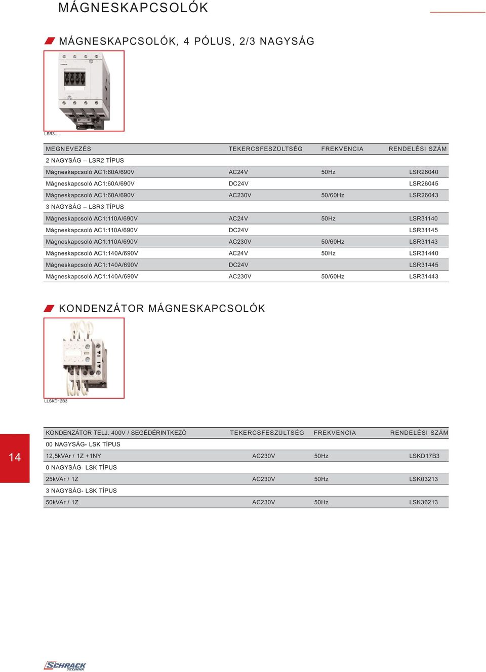 AC230V 50/60Hz LSR26043 3 NAGYSÁG LSR3 TÍPUS Mágneskapcsoló AC1:110A/690V AC24V 50Hz LSR31140 Mágneskapcsoló AC1:110A/690V DC24V LSR31145 Mágneskapcsoló AC1:110A/690V AC230V 50/60Hz LSR31143