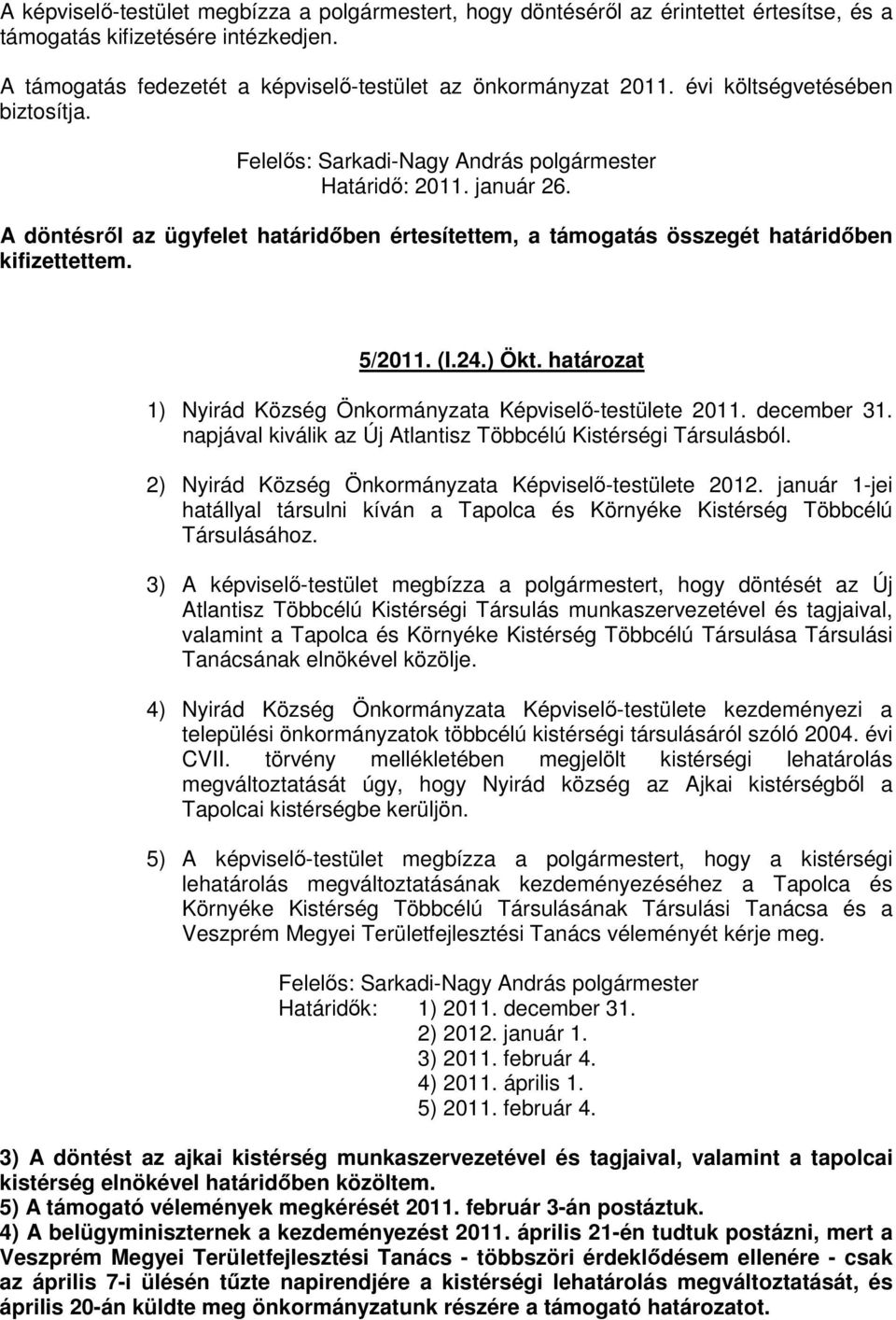 5/2011. (I.24.) Ökt. határozat 1) Nyirád Község Önkormányzata Képviselı-testülete 2011. december 31. napjával kiválik az Új Atlantisz Többcélú Kistérségi Társulásból.