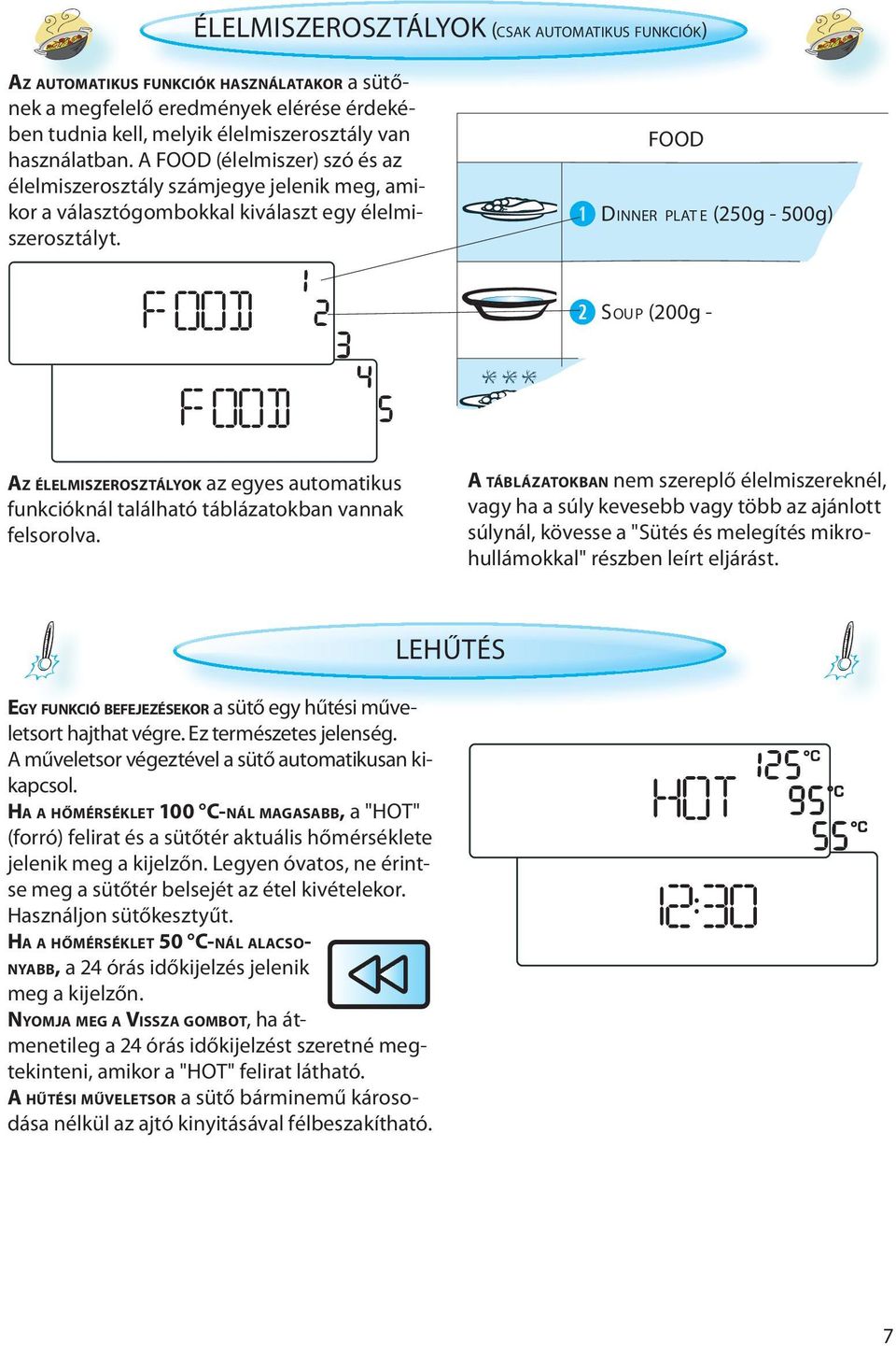 FOOD DINNER PLAT E (250g - 500g) SOUP (200g - AZ ÉLELMISZEROSZTÁLYOK az egyes automatikus funkcióknál található táblázatokban vannak felsorolva.