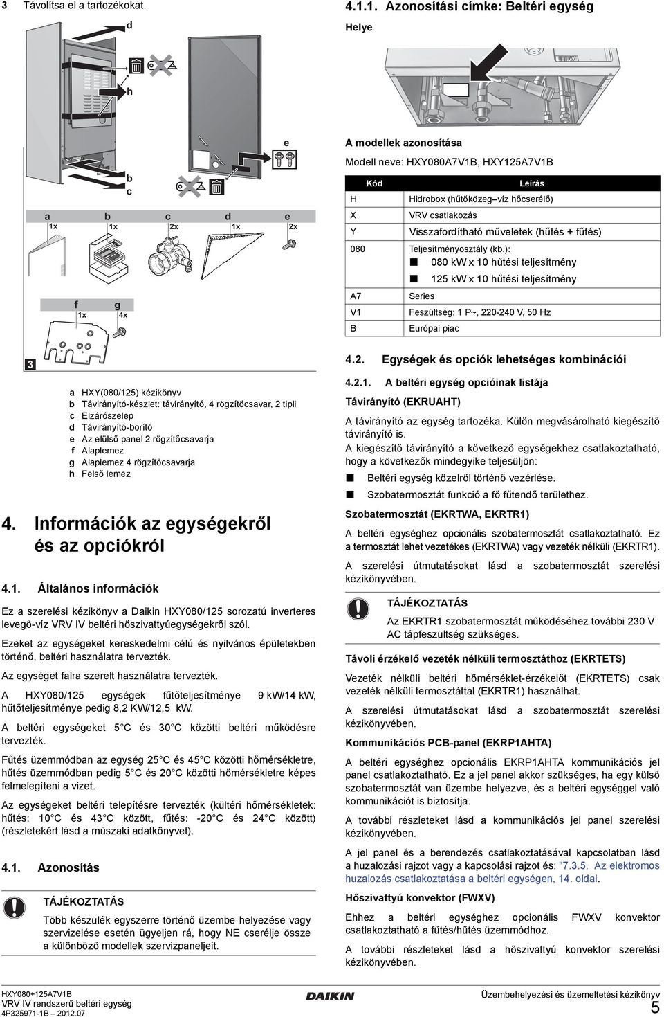 Visszfordíthtó műveletek (hűtés + fűtés) 080 Teljesítményosztály (kb.