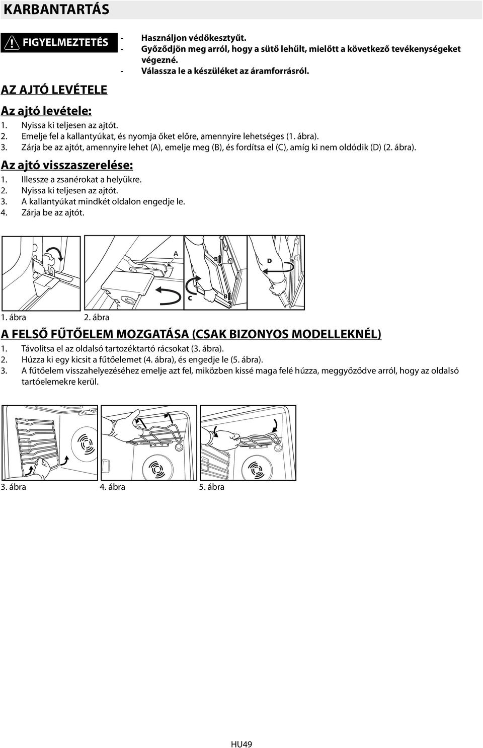 Zárja be az ajtót, amennyire lehet (A), emelje meg (B), és fordítsa el (C), amíg ki nem oldódik (D) (2. ábra). Az ajtó visszaszerelése: 1. Illessze a zsanérokat a helyükre. 2.