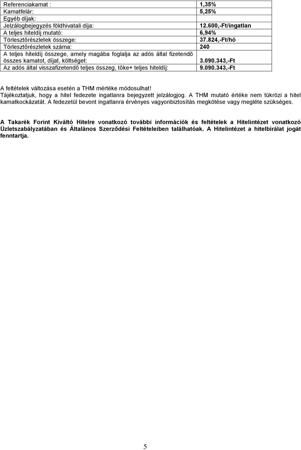 343,-Ft Az adós által visszafizetendő teljes összeg, tőke+ teljes hiteldíj 9.090.343,-Ft A feltételek változása esetén a THM mértéke módosulhat!