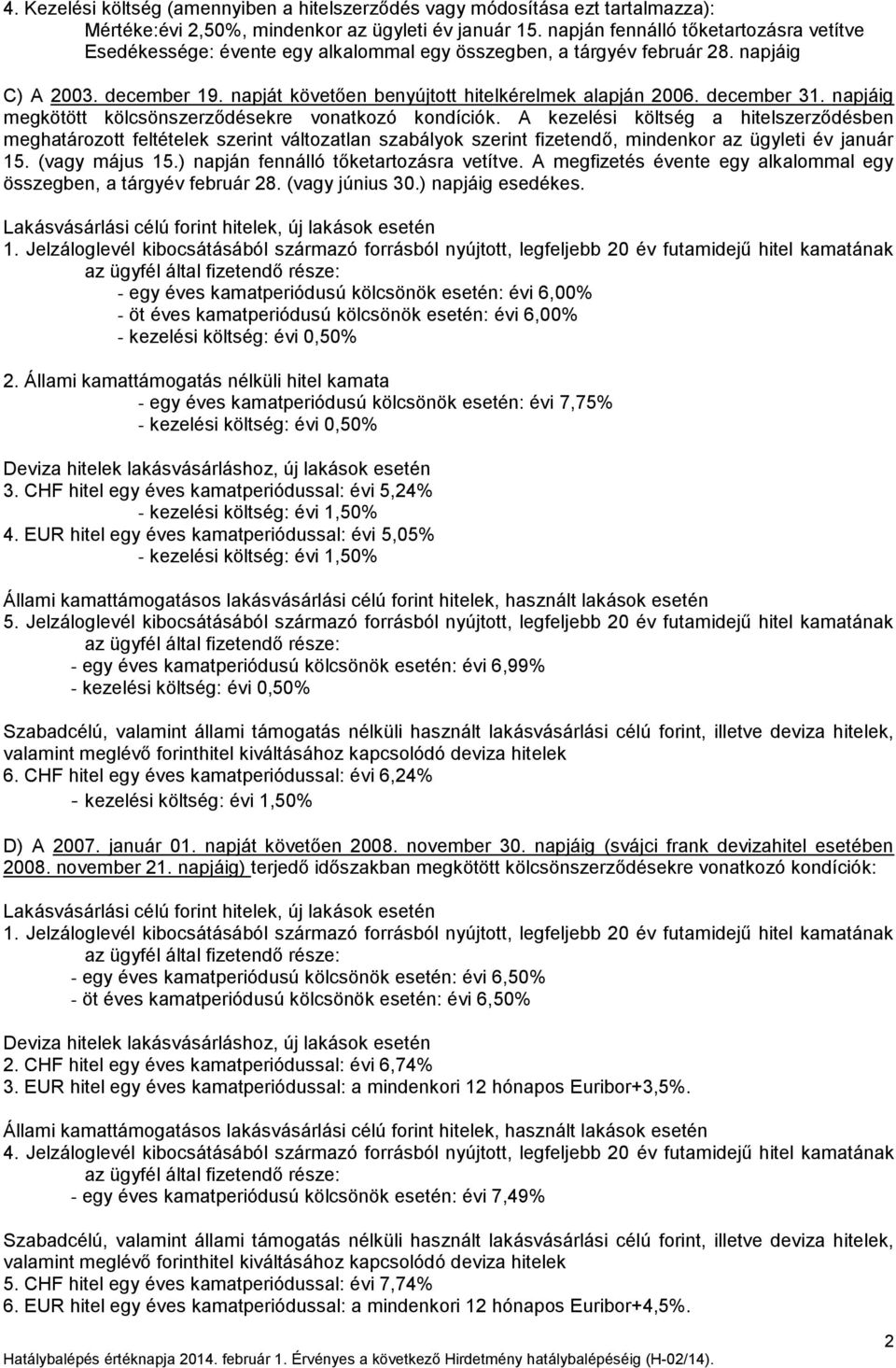 december 31. napjáig megkötött kölcsönszerződésekre vonatkozó kondíciók.