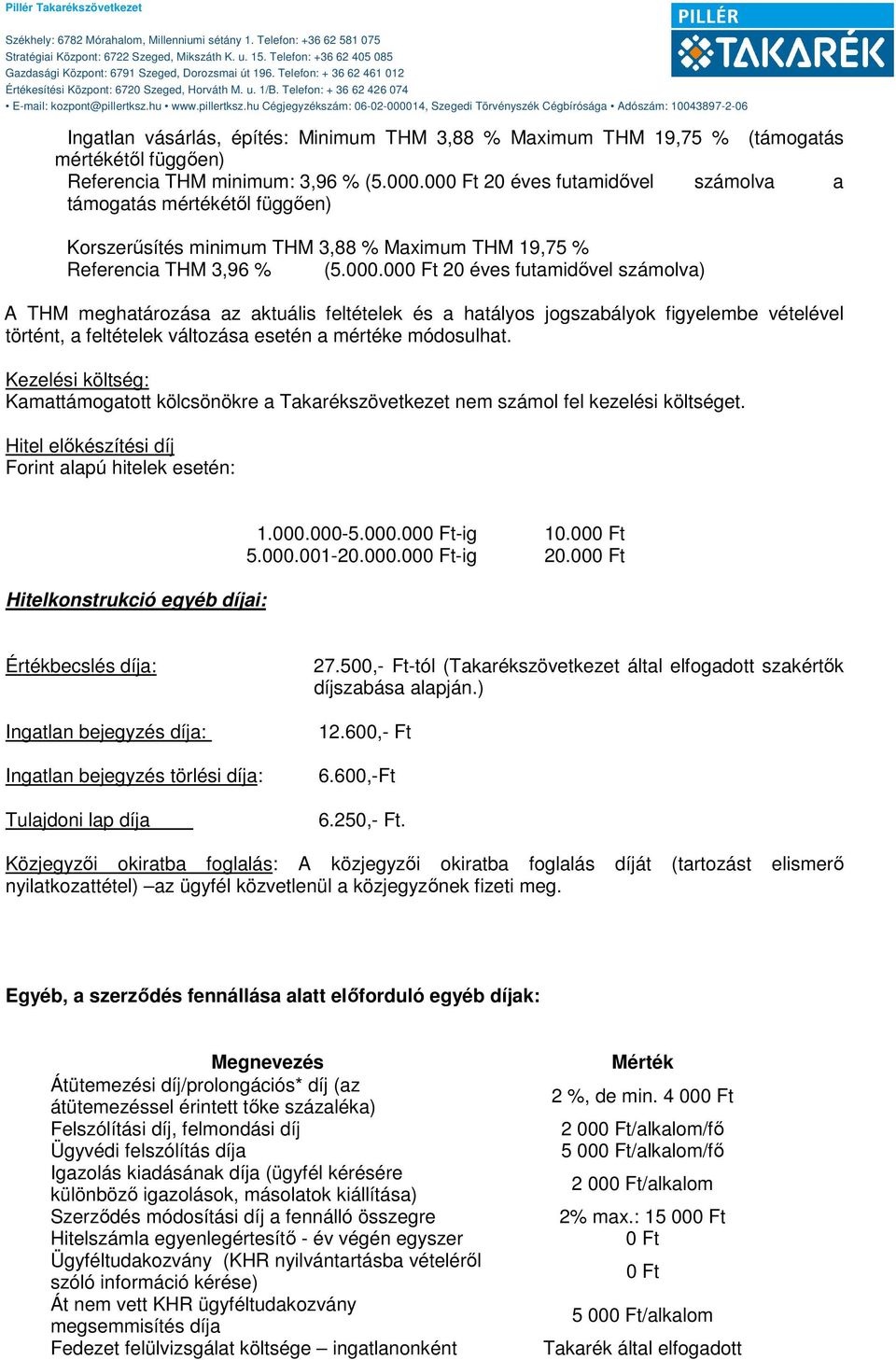 Kezelési költség: Kamattámogatott kölcsönökre a Takarékszövetkezet nem számol fel kezelési költséget. Hitel előkészítési díj Forint alapú hitelek esetén: Hitelkonstrukció egyéb díjai: 1.000.