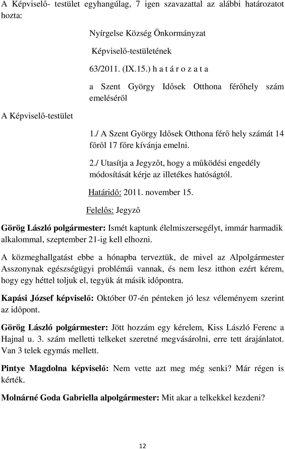 / Utasítja a Jegyzőt, hogy a működési engedély módosítását kérje az illetékes hatóságtól. Határidő: 2011. november 15.