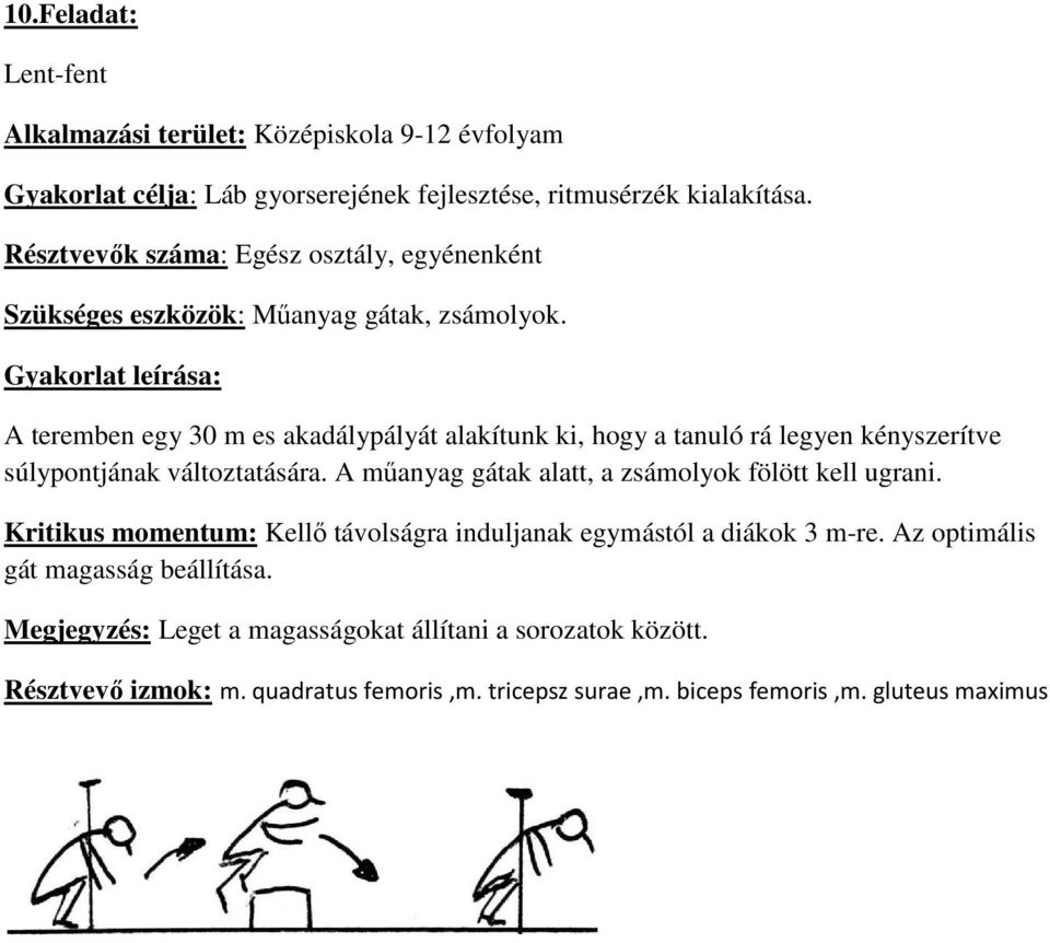 Gyakorlat leírása: A teremben egy 30 m es akadálypályát alakítunk ki, hogy a tanuló rá legyen kényszerítve súlypontjának változtatására.