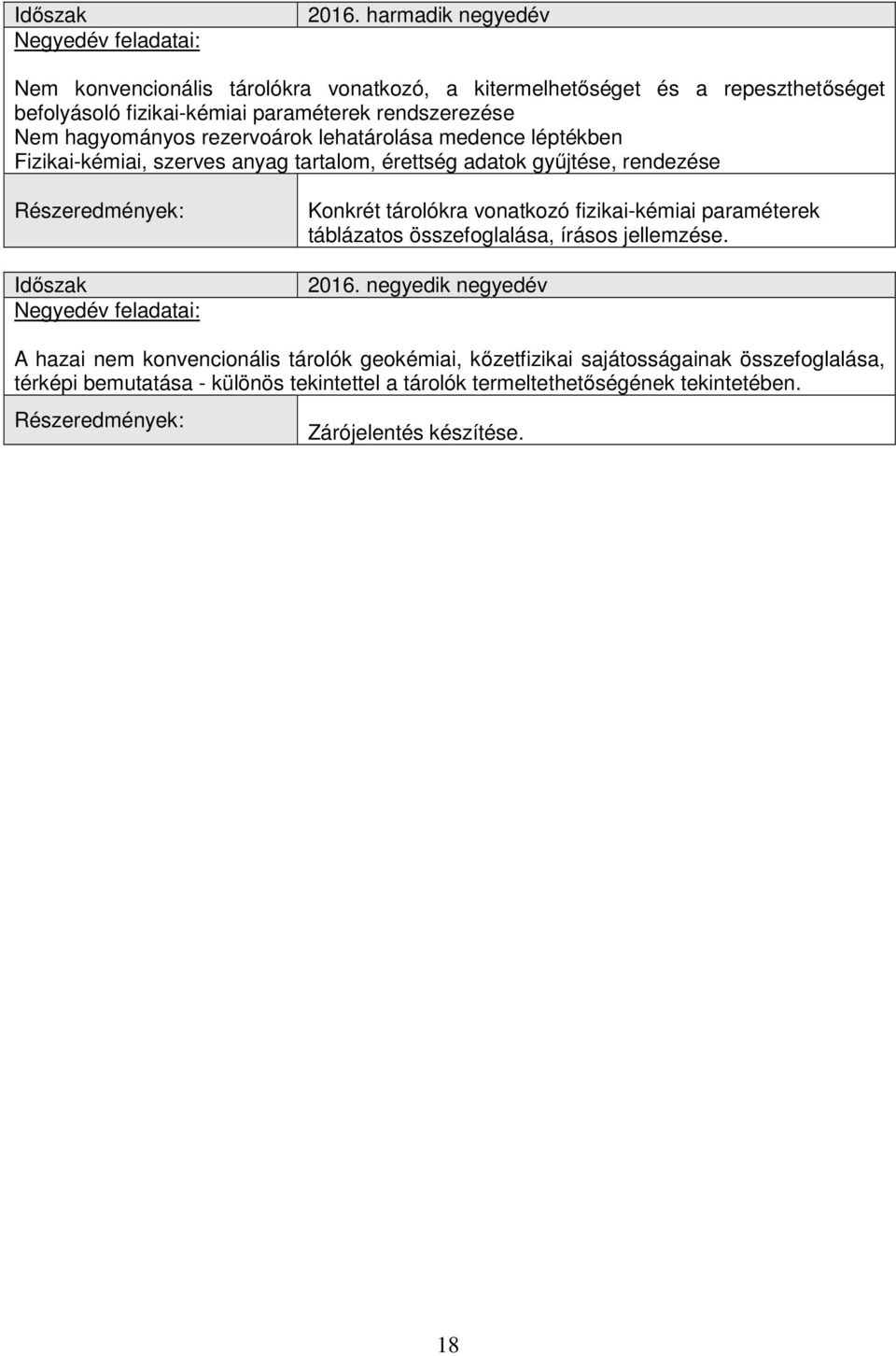 Konkrét tárolókra vonatkozó fizikai-kémiai paraméterek táblázatos összefoglalása, írásos jellemzése. 2016.