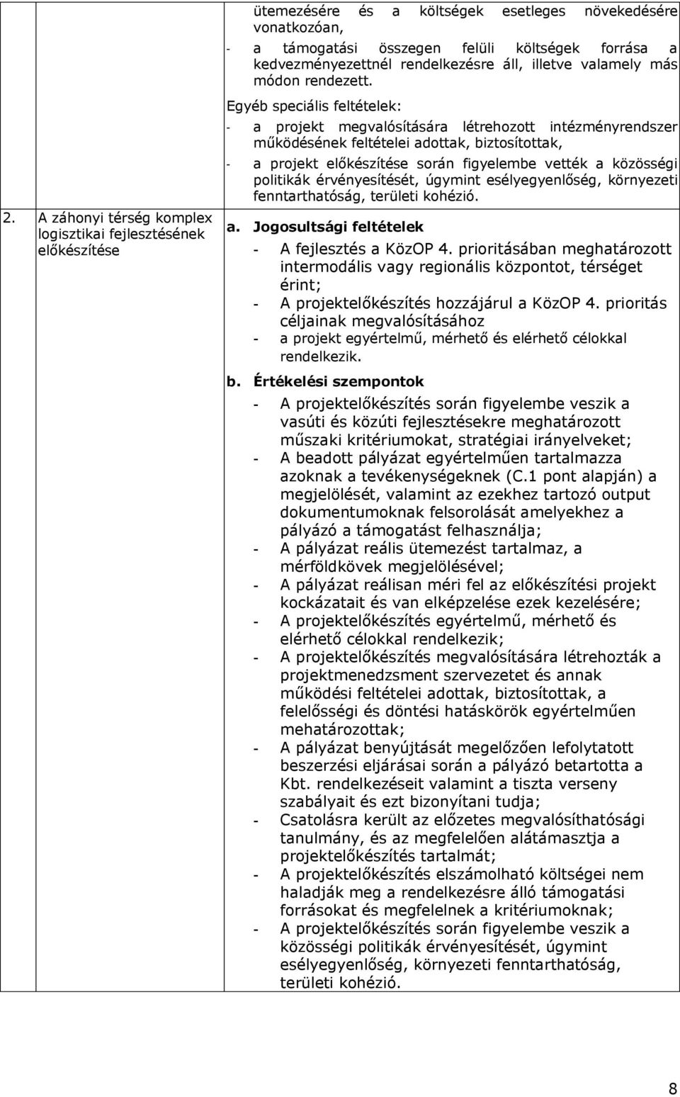 Egyéb speciális feltételek: - a projekt megvalósítására létrehozott intézményrendszer működésének feltételei adottak, biztosítottak, - a projekt során figyelembe vették a közösségi politikák