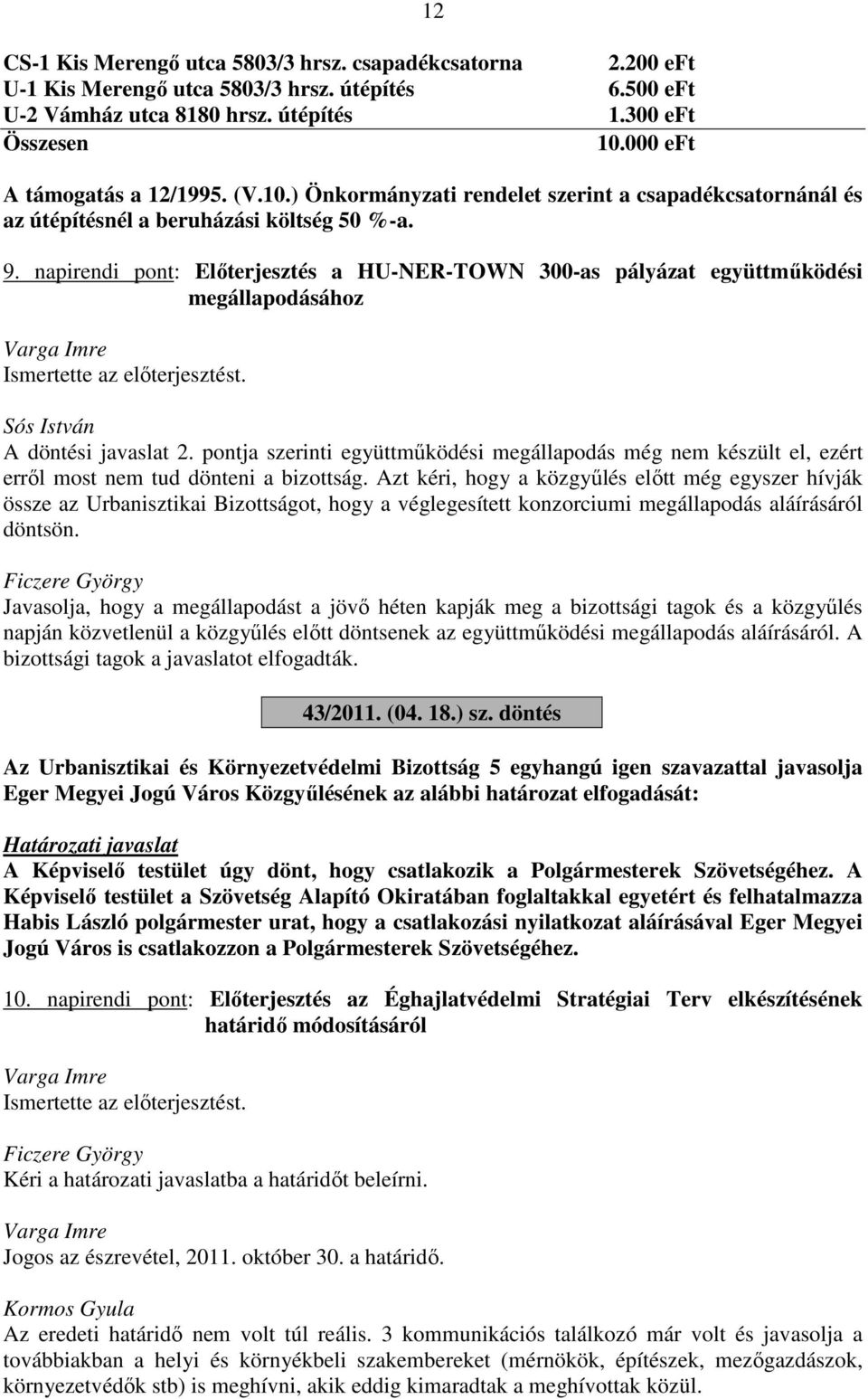 napirendi pont: Előterjesztés a HU-NER-TOWN 300-as pályázat együttműködési megállapodásához Varga Imre Ismertette az előterjesztést. Sós István A döntési javaslat 2.