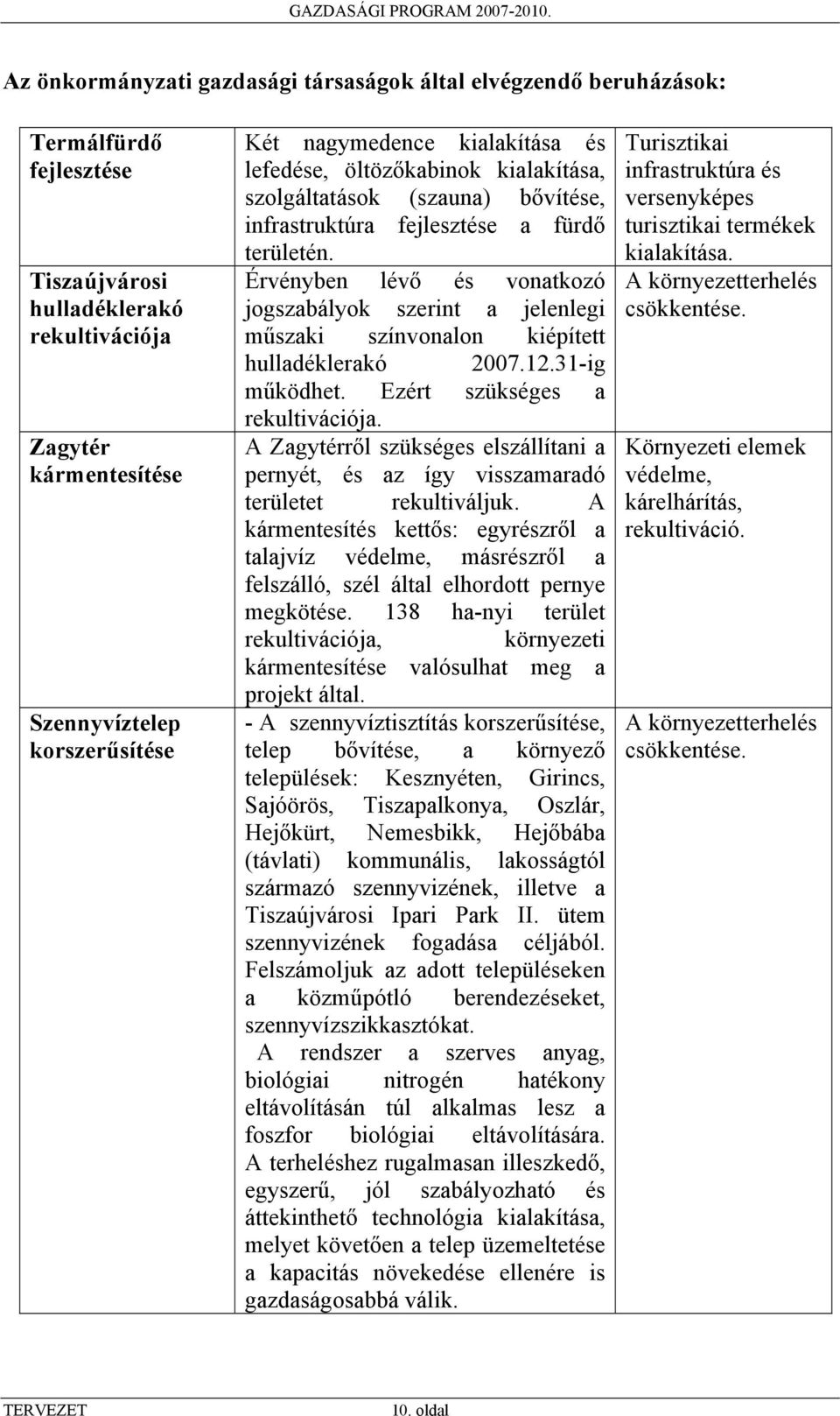 Érvényben lévő és vonatkozó jogszabályok szerint a jelenlegi műszaki színvonalon kiépített hulladéklerakó 2007.12.31-ig működhet. Ezért szükséges a rekultivációja.