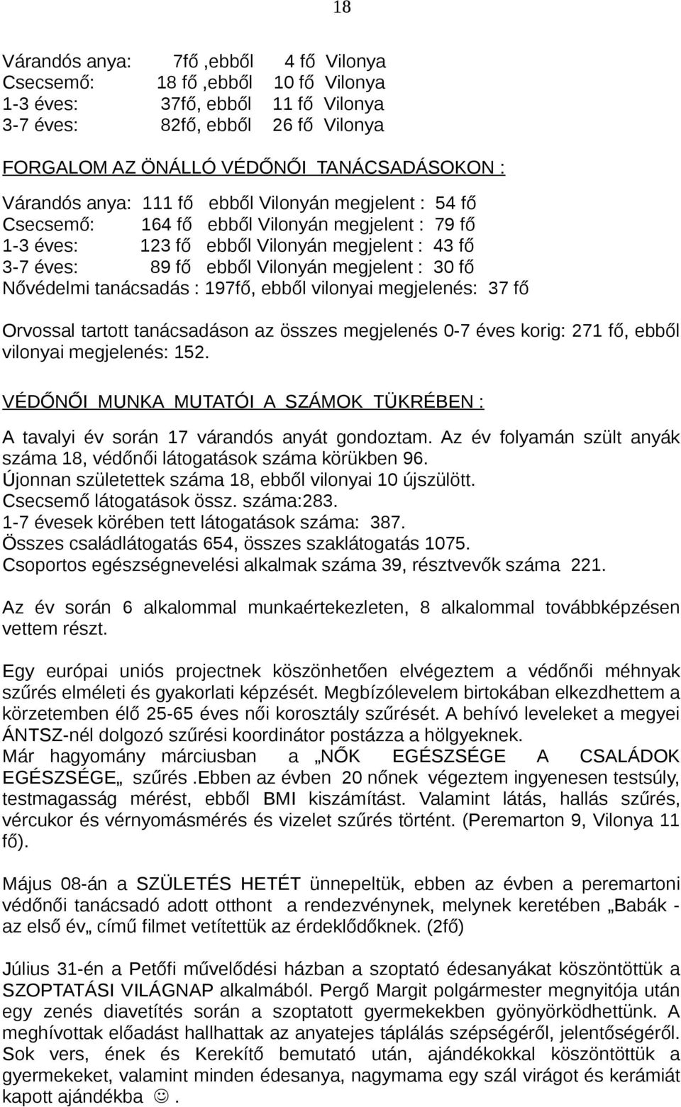 30 fő Nővédelmi tanácsadás : 197fő, ebből vilonyai megjelenés: 37 fő Orvossal tartott tanácsadáson az összes megjelenés 0-7 éves korig: 271 fő, ebből vilonyai megjelenés: 152.